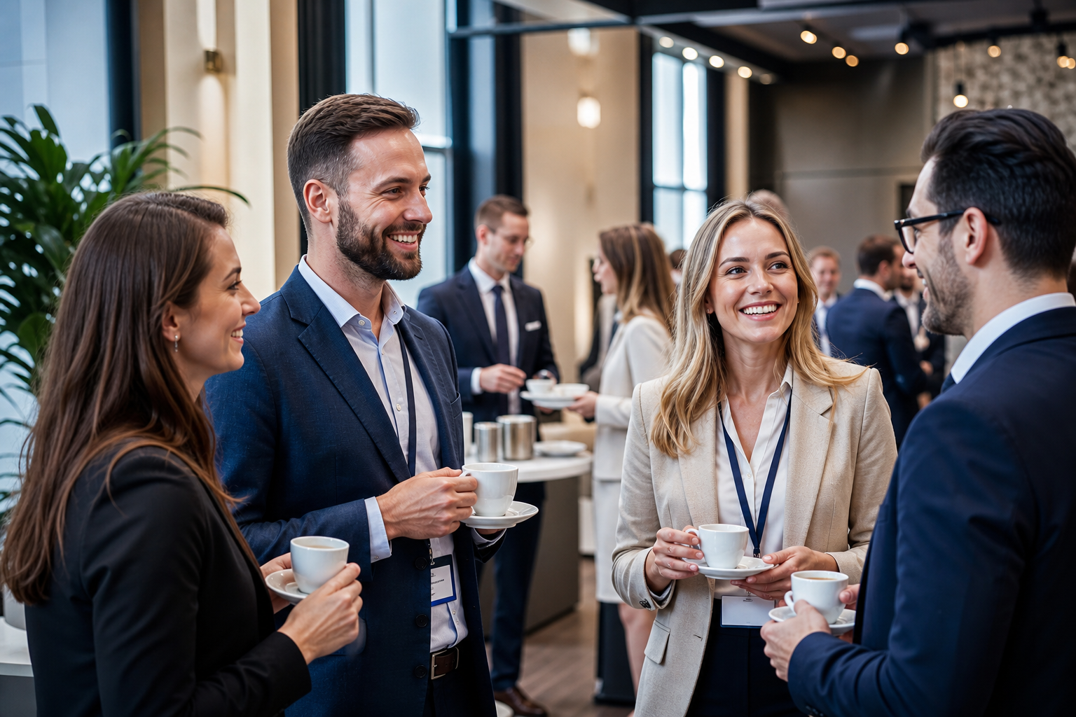 Networking podczas przerwy kawowej na eleganckiej konferencji biznesowej — Jak dobrze zaplanować sympozjum branżowe od pierwszego pomysłu do rejestracji uczestników