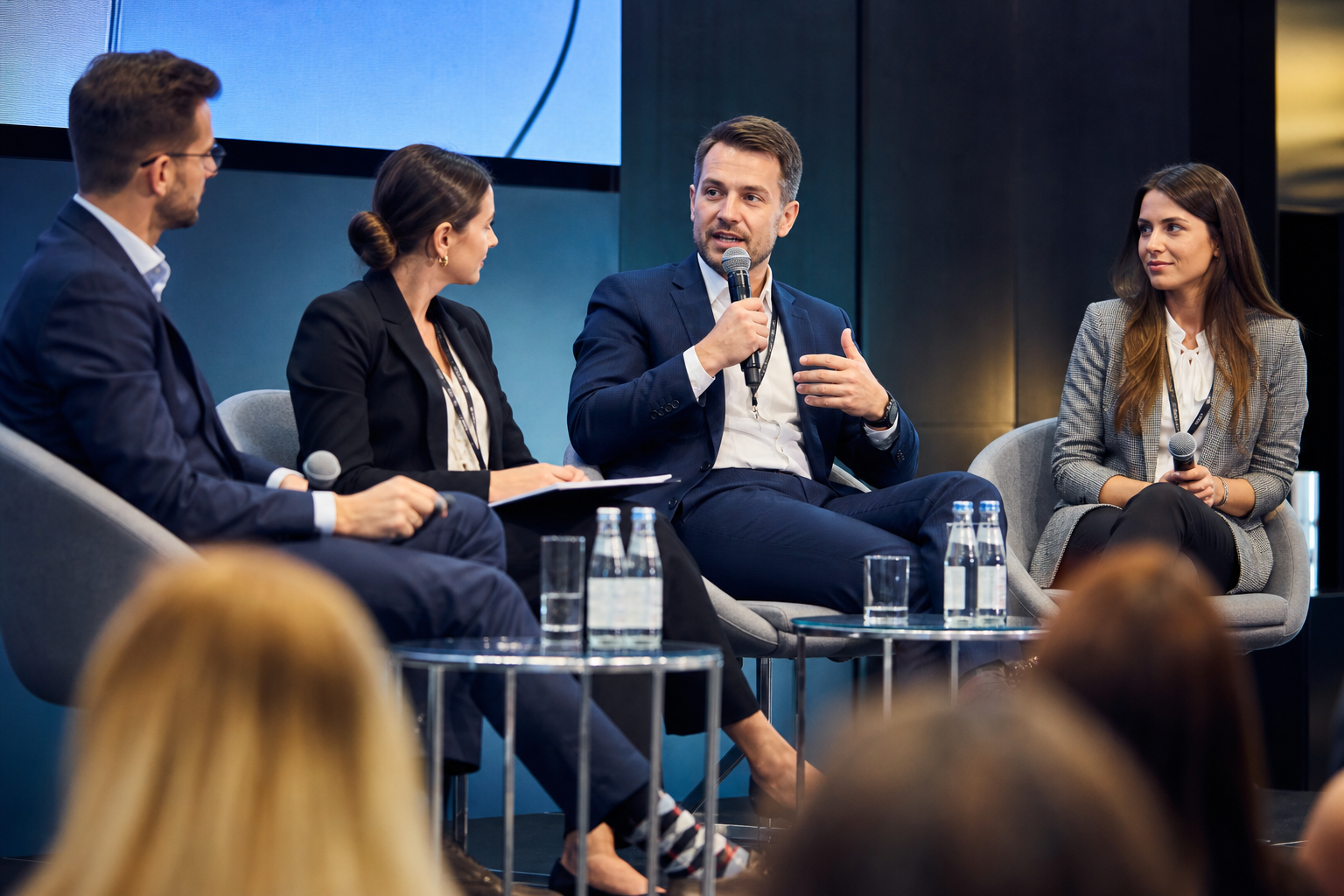 Profesjonalny panel dyskusyjny z eleganckimi ekspertami na scenie — Jak dobrze zaplanować sympozjum branżowe od pierwszego pomysłu do rejestracji uczestników