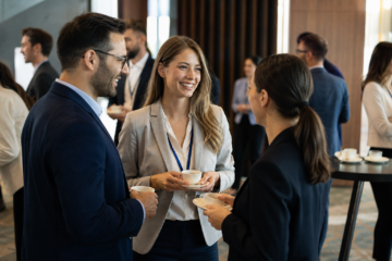 Networking podczas przerwy kawowej na eleganckiej konferencji biznesowej — Jak przygotować atrakcyjny program sympozjum, aby uczestnicy zostali do końca