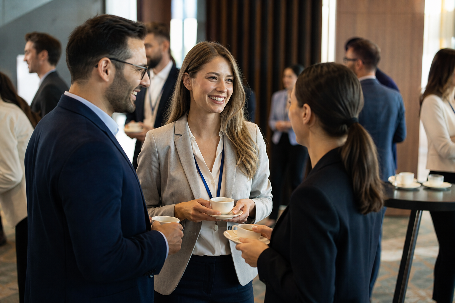 Networking podczas przerwy kawowej na eleganckiej konferencji biznesowej — Jak przygotować atrakcyjny program sympozjum, aby uczestnicy zostali do końca