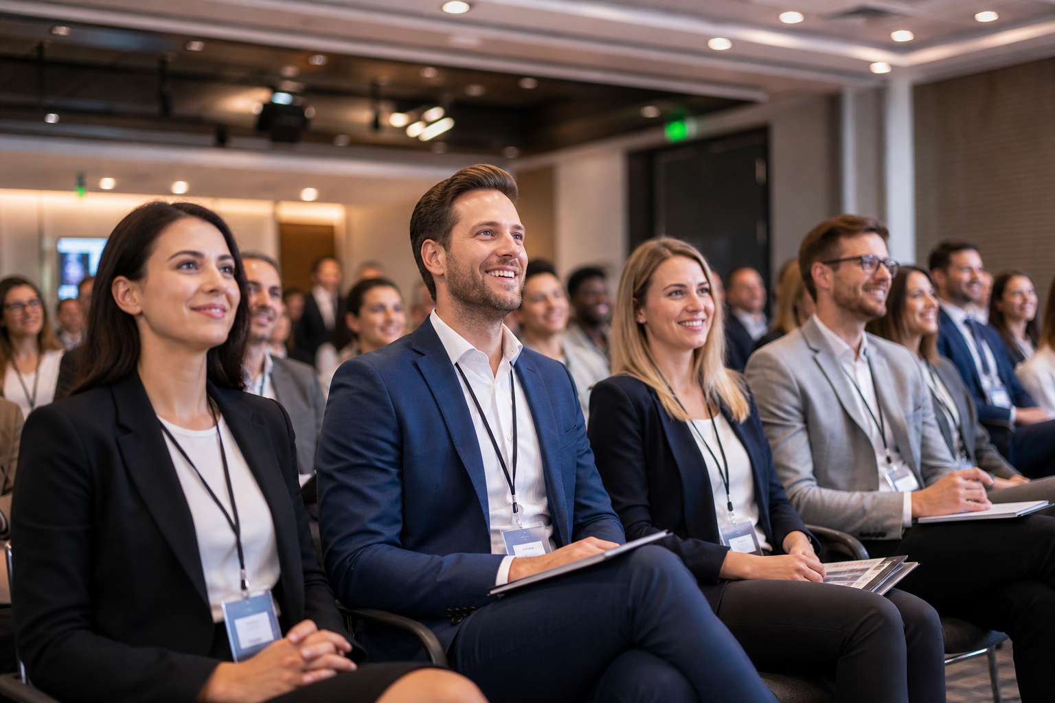Nowoczesna sala konferencyjna z atrakcyjnie wyglądającymi uczestnikami — Jak przygotować atrakcyjny program sympozjum, aby uczestnicy zostali do końca