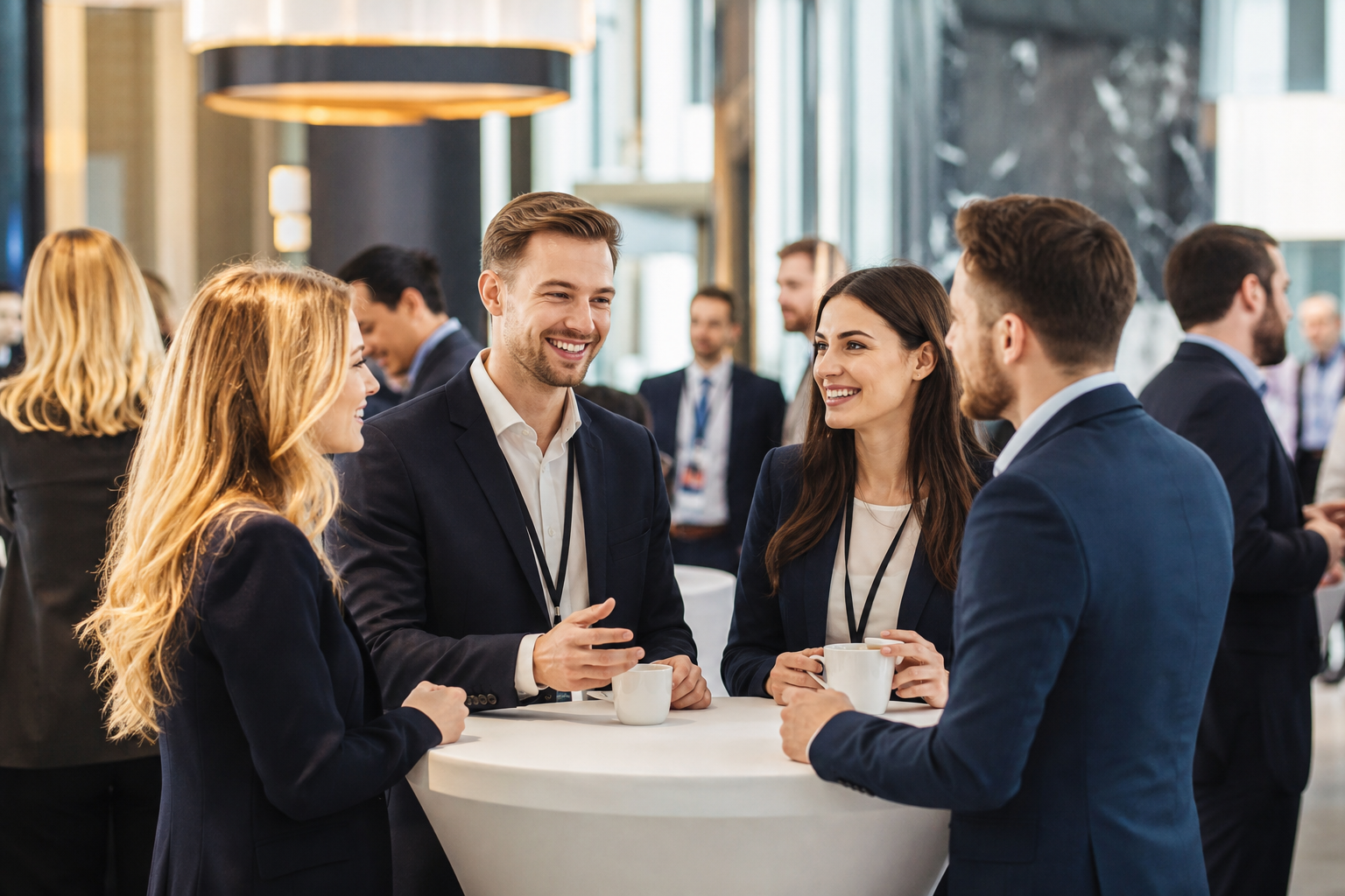 Eleganccy uczestnicy sympozjum rozmawiający przy stolikach — Jak przygotować atrakcyjny program sympozjum, aby uczestnicy zostali do końca