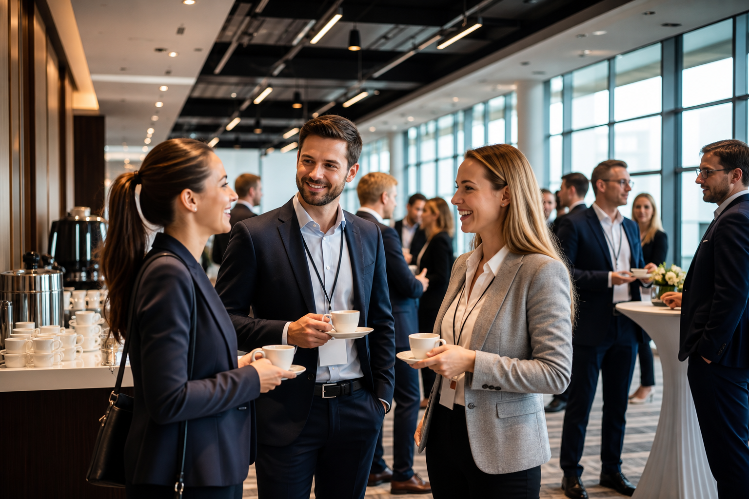 Networking podczas przerwy kawowej na eleganckiej konferencji biznesowej — Jak zaplanować rejestrację uczestników na sympozjum, aby uniknąć chaosu w dniu wydarzenia