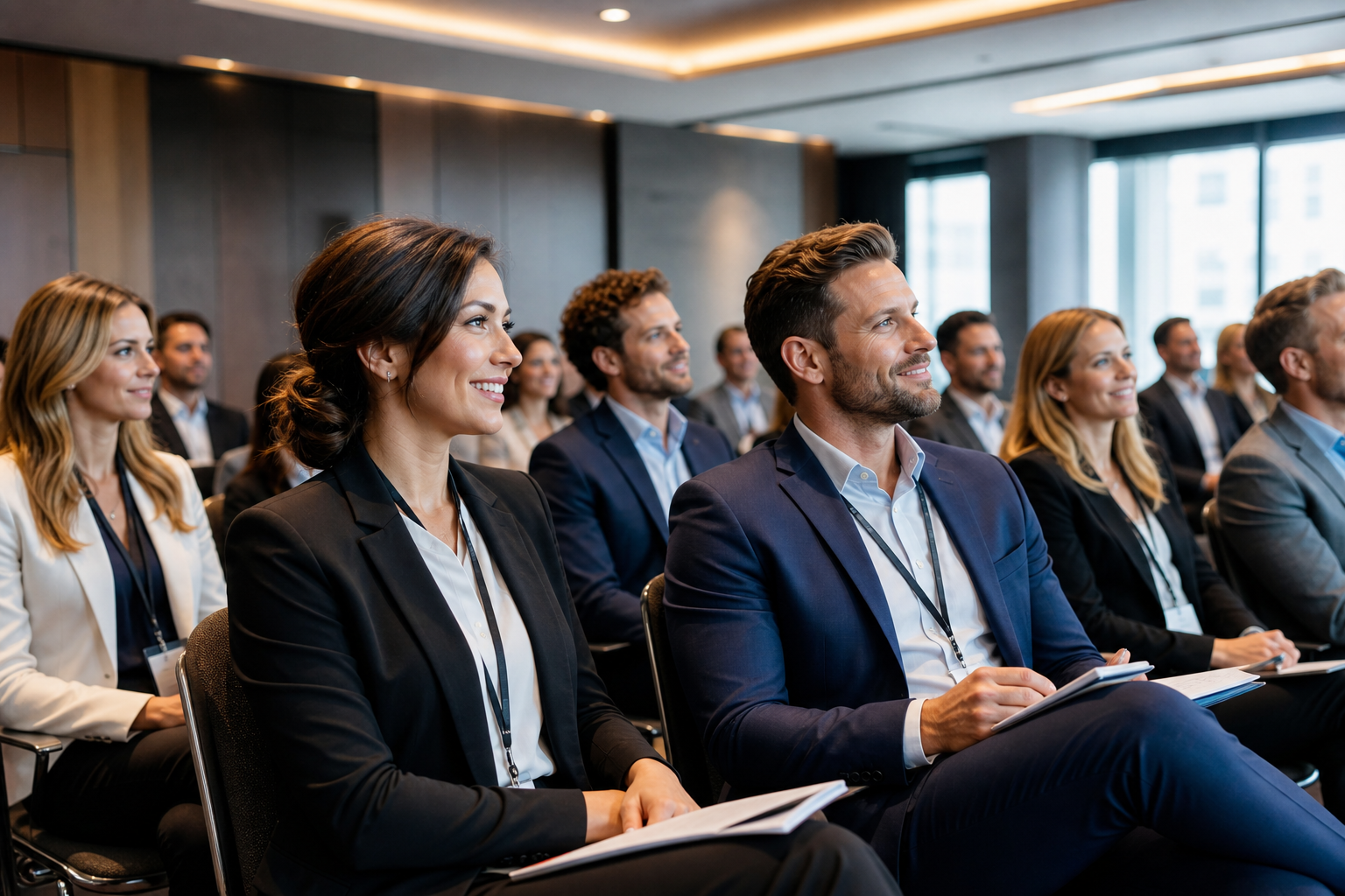 Nowoczesna sala konferencyjna z atrakcyjnie wyglądającymi uczestnikami — Na co zwrócić uwagę przy wyborze sali konferencyjnej w hotelu