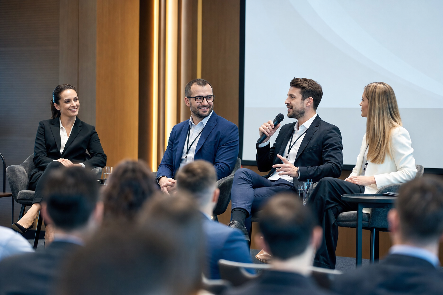 Profesjonalny panel dyskusyjny z eleganckimi ekspertami na scenie — Na co zwrócić uwagę przy wyborze sali konferencyjnej w hotelu