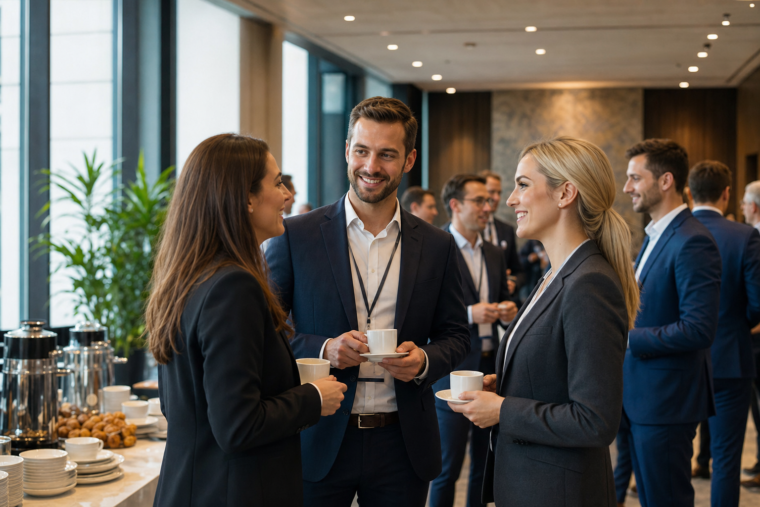 Networking podczas przerwy kawowej na eleganckiej konferencji biznesowej — Na co zwrócić uwagę przy wyborze sali konferencyjnej w hotelu
