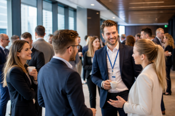 Nowoczesna sala konferencyjna z atrakcyjnie wyglądającymi uczestnikami — Networking na konferencji — jak zaplanować przestrzeń, przerwy i rozmowy uczestników