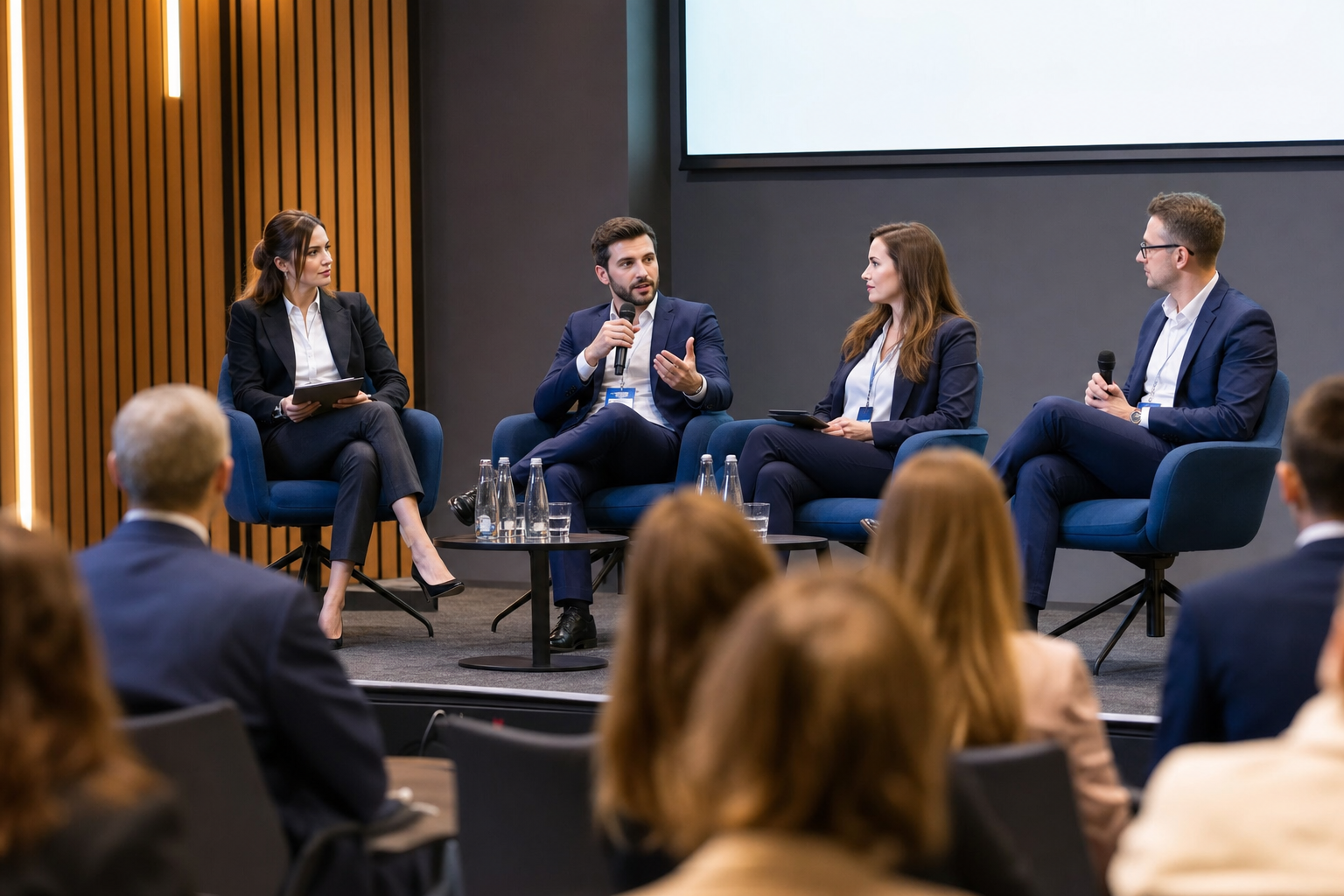 Profesjonalny panel dyskusyjny z eleganckimi ekspertami na scenie — Networking na konferencji — jak zaplanować przestrzeń, przerwy i rozmowy uczestników