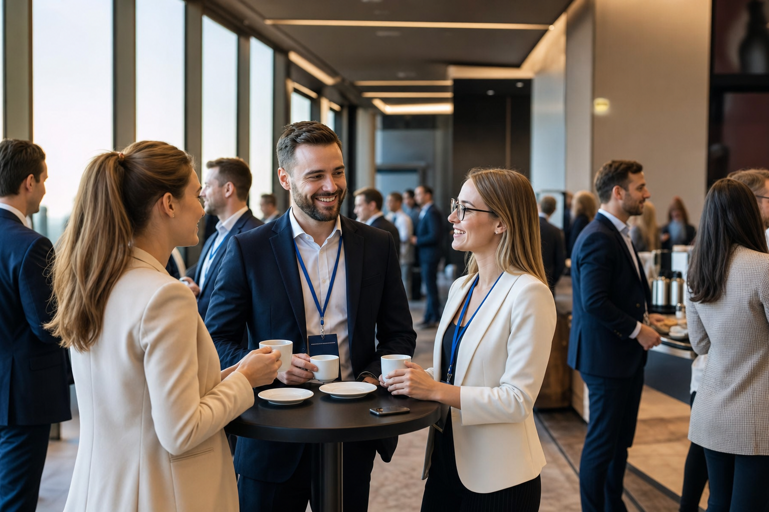 Networking podczas przerwy kawowej na eleganckiej konferencji biznesowej — Networking na konferencji — jak zaplanować przestrzeń, przerwy i rozmowy uczestników