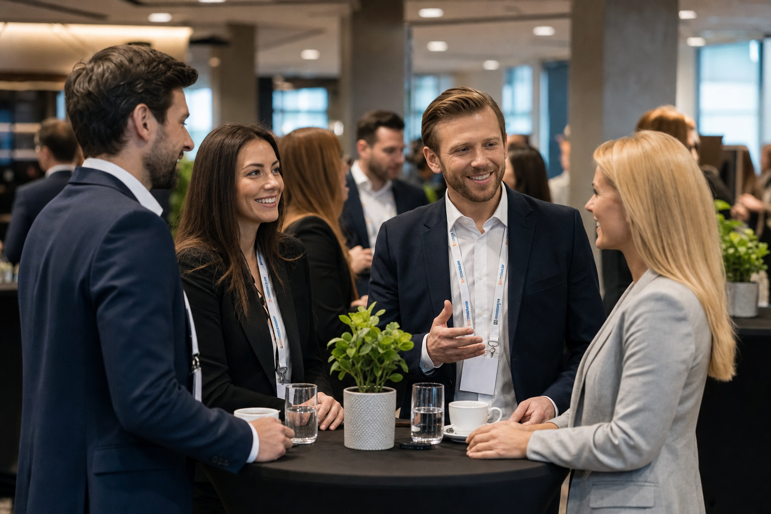 Eleganccy uczestnicy sympozjum rozmawiający przy stolikach — Networking na konferencji — jak zaplanować przestrzeń, przerwy i rozmowy uczestników