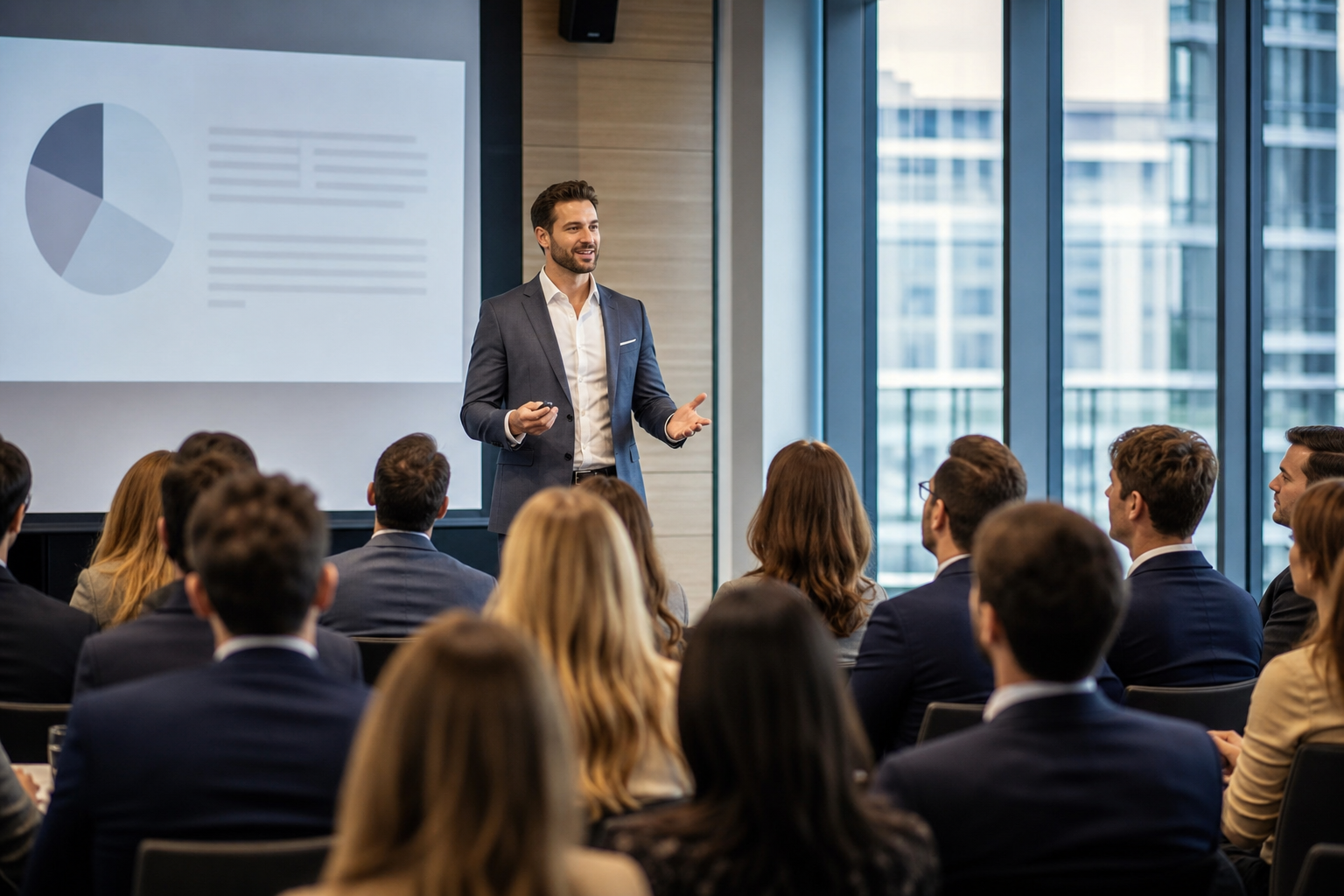 Przystojny prelegent prowadzący prezentację przed publicznością — Networking na konferencji — jak zaplanować przestrzeń, przerwy i rozmowy uczestników