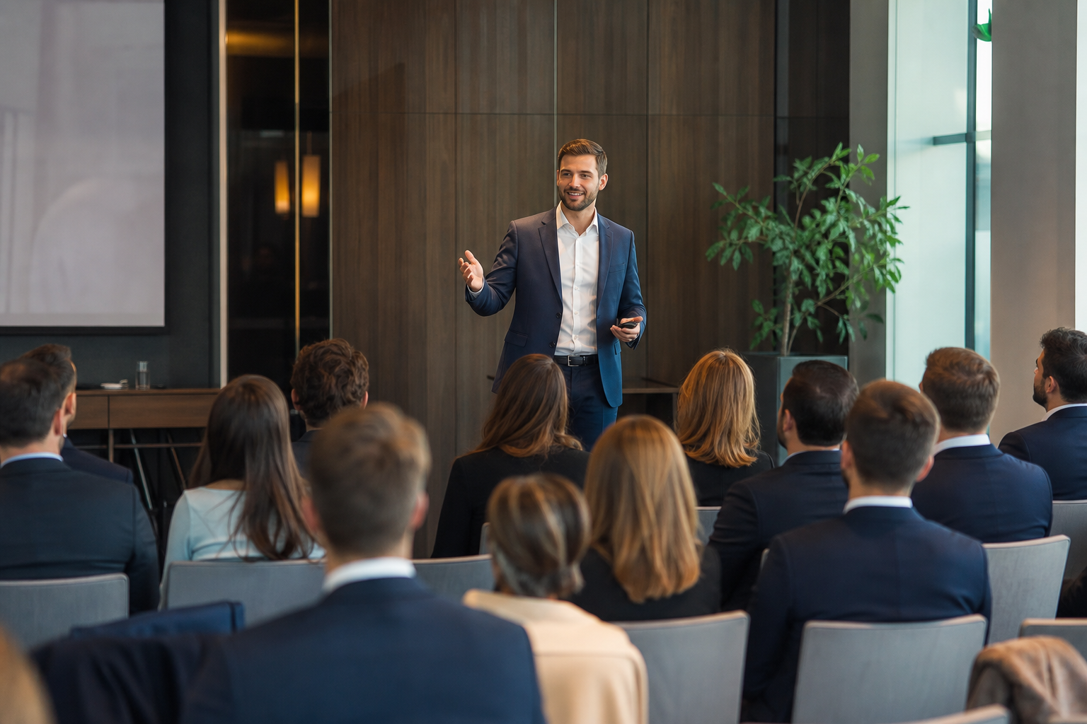 Przystojny prelegent prowadzący prezentację przed publicznością — Jak promować sympozjum lokalnie i branżowo bez dużego budżetu reklamowego