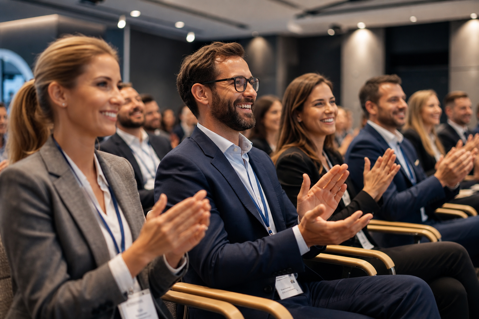 Nowoczesna sala konferencyjna z atrakcyjnie wyglądającymi uczestnikami — Jak promować sympozjum lokalnie i branżowo bez dużego budżetu reklamowego