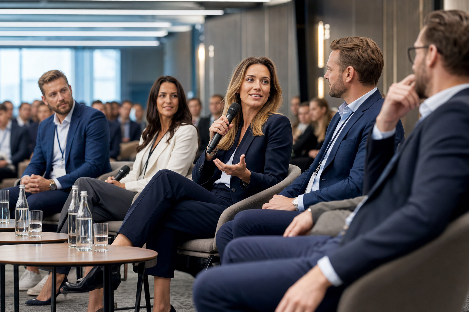 Profesjonalny panel dyskusyjny z eleganckimi ekspertami na scenie — Na co zwrócić uwagę przy wyborze sali konferencyjnej w hotelu