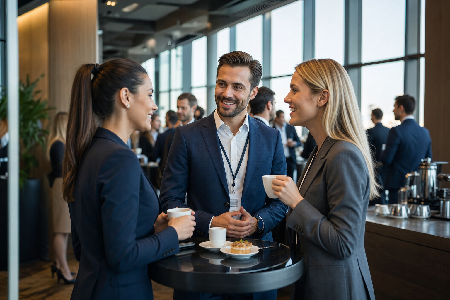 Networking podczas przerwy kawowej na eleganckiej konferencji biznesowej — Networking na konferencji — jak zaplanować przestrzeń, przerwy i rozmowy uczestników