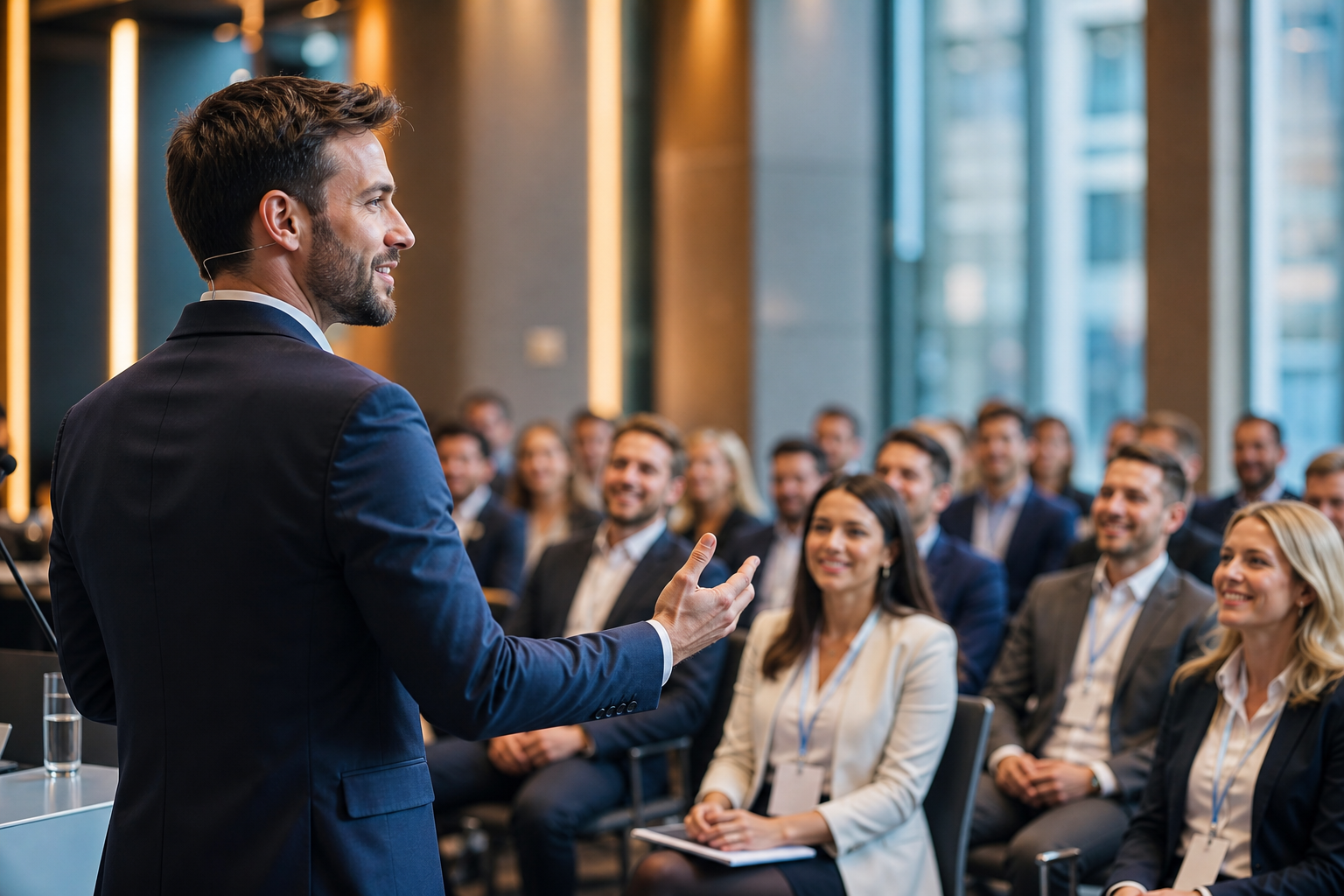 Przystojny prelegent prowadzący prezentację przed publicznością — Networking na konferencji — jak zaplanować przestrzeń, przerwy i rozmowy uczestników