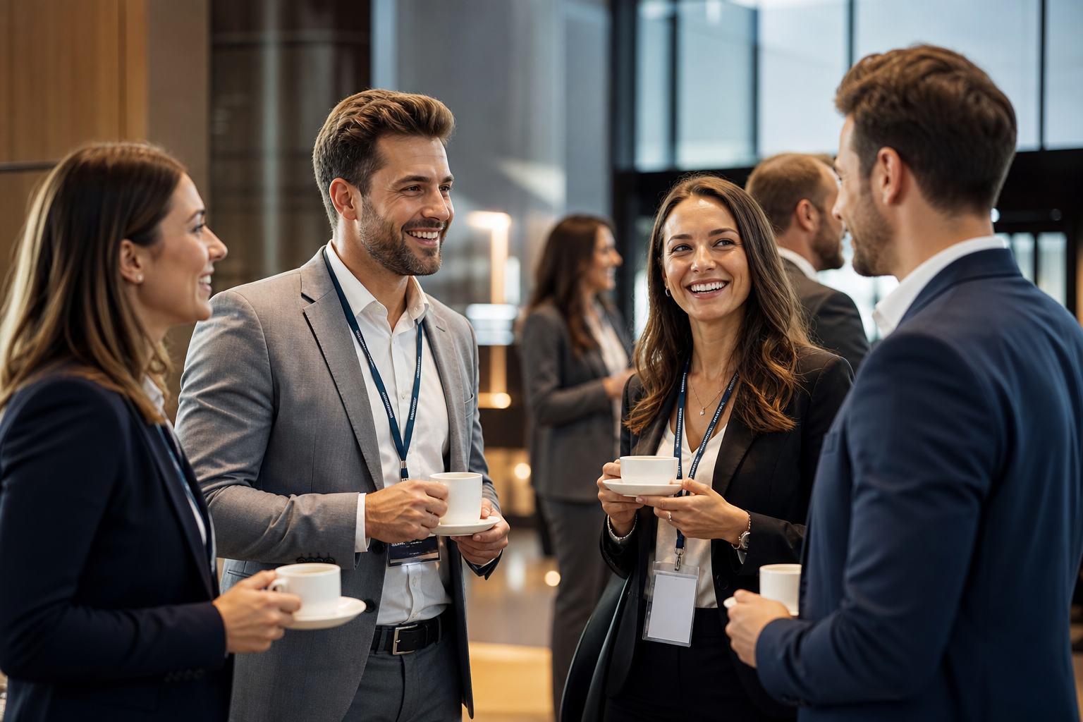 Uśmiechnięci dorośli uczestnicy konferencji podczas rozmowy przy kawie — Networking na konferencji — jak zaplanować przestrzeń, przerwy i rozmowy uczestników