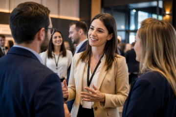 Piękna kobieta jako profesjonalna koordynatorka wydarzenia rozmawiająca z gośćmi — Jak promować sympozjum lokalnie i branżowo bez dużego budżetu reklamowego