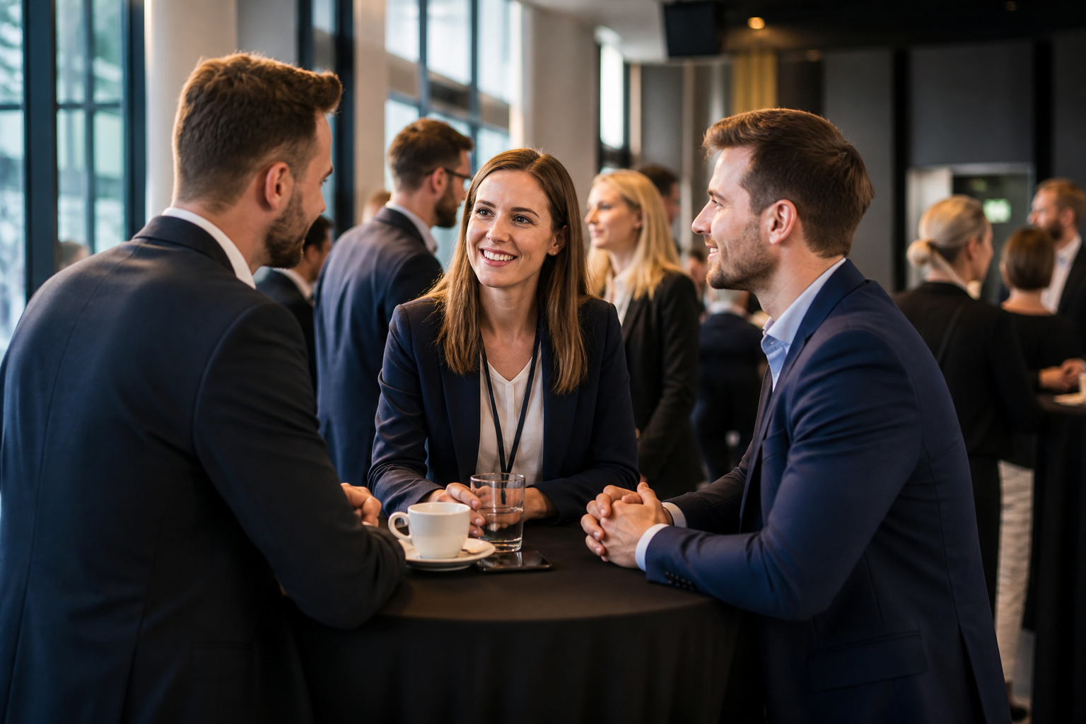 Eleganccy uczestnicy sympozjum rozmawiający przy stolikach — Jak promować sympozjum lokalnie i branżowo bez dużego budżetu reklamowego