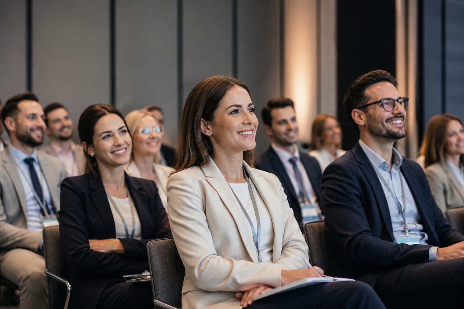 Nowoczesna sala konferencyjna z atrakcyjnie wyglądającymi uczestnikami — Jak promować sympozjum lokalnie i branżowo bez dużego budżetu reklamowego
