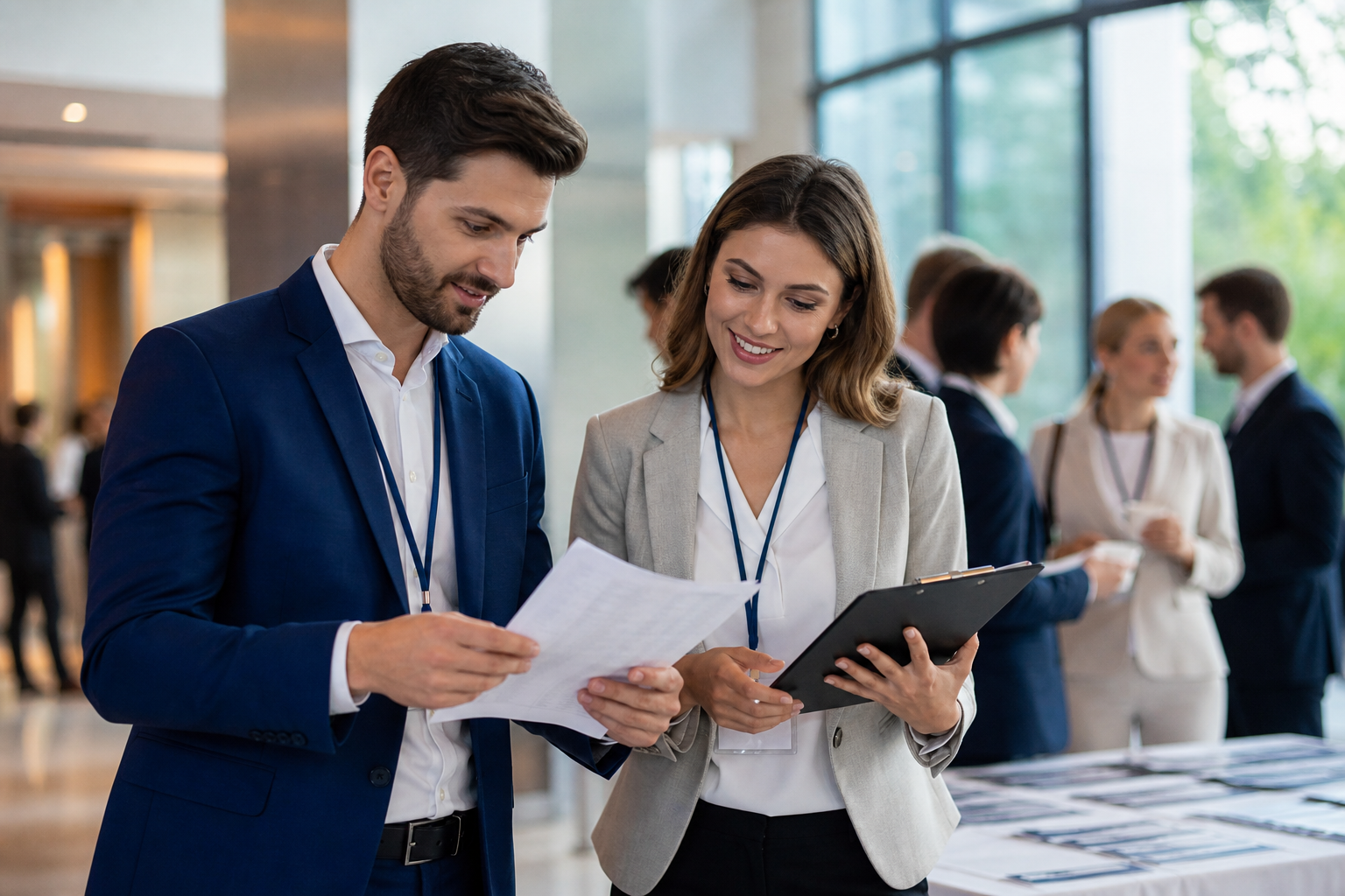 Organizatorzy wydarzenia sprawdzający agendę i listę uczestników — Jak promować sympozjum lokalnie i branżowo bez dużego budżetu reklamowego