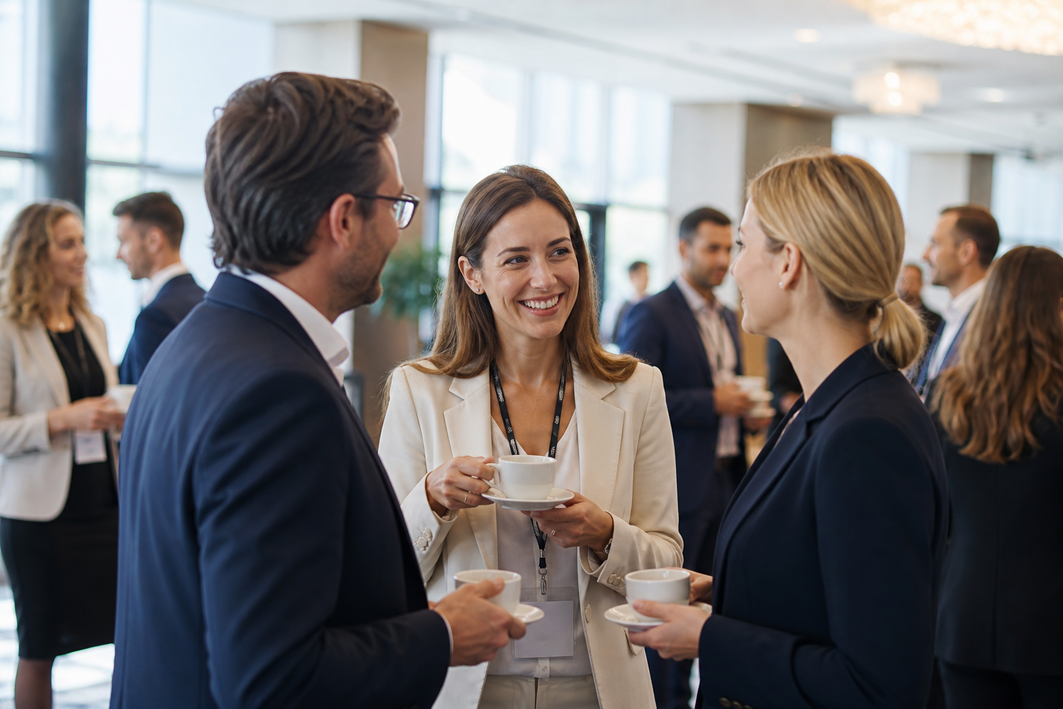 Networking podczas przerwy kawowej na eleganckiej konferencji biznesowej — Jak promować sympozjum lokalnie i branżowo bez dużego budżetu reklamowego