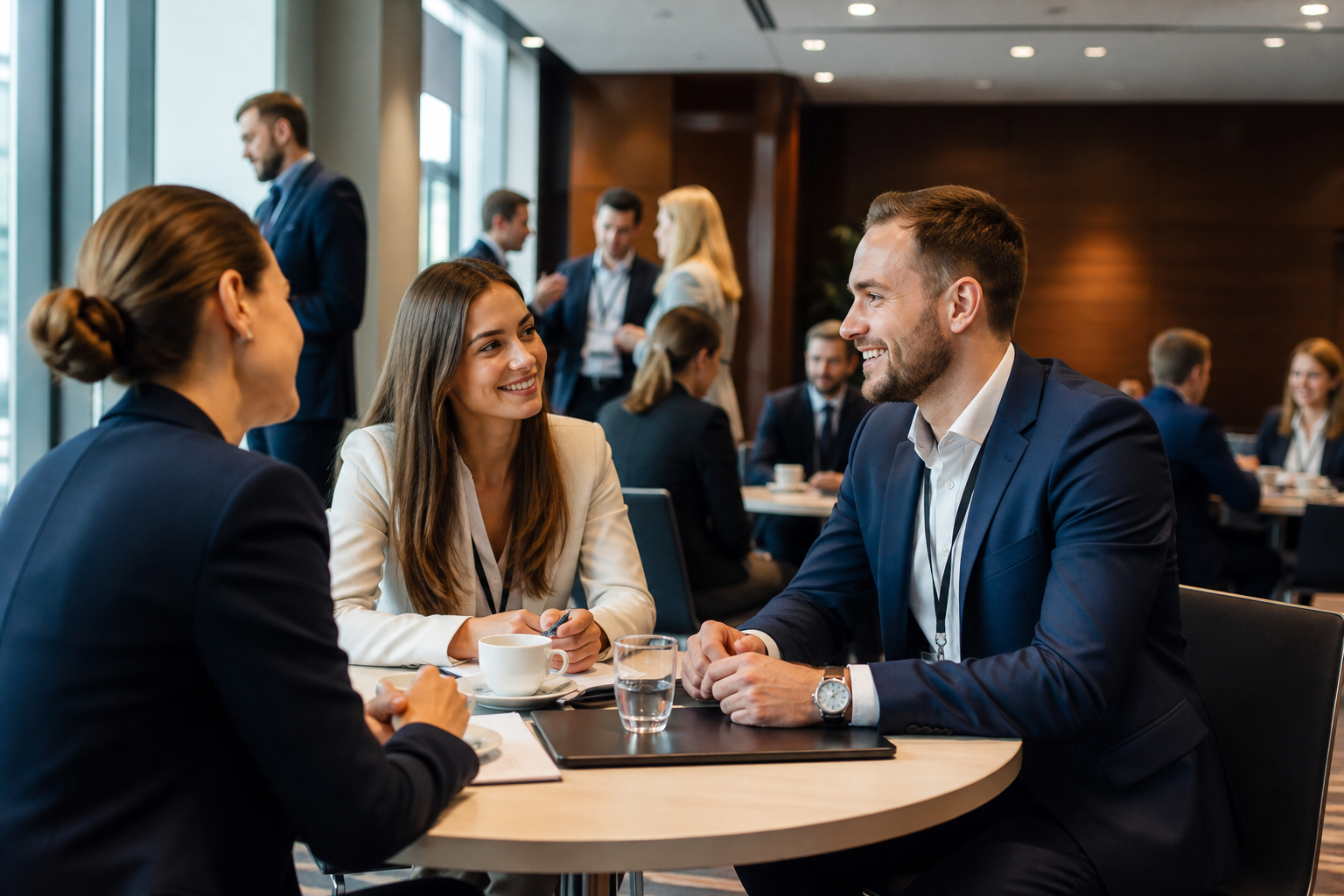 Eleganccy uczestnicy sympozjum rozmawiający przy stolikach — Jak promować sympozjum lokalnie i branżowo bez dużego budżetu reklamowego
