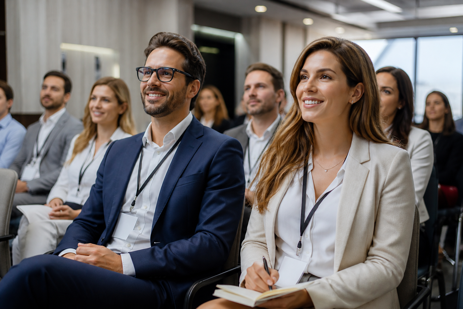 Nowoczesna sala konferencyjna z atrakcyjnie wyglądającymi uczestnikami — Jak przygotować atrakcyjny program sympozjum, aby uczestnicy zostali do końca