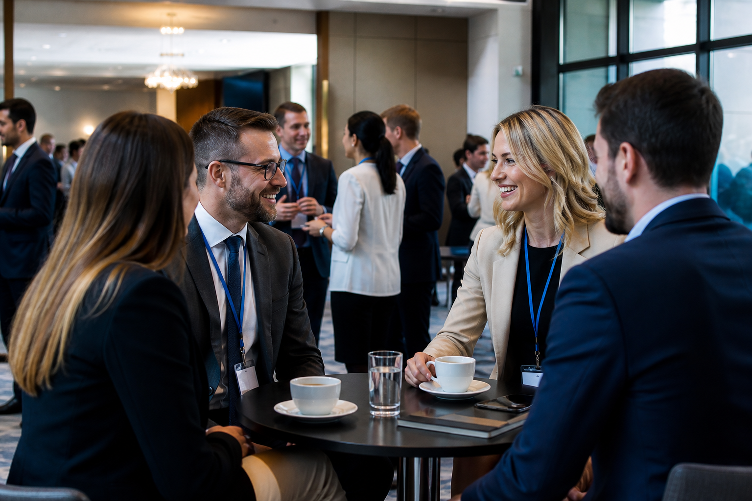 Eleganccy uczestnicy sympozjum rozmawiający przy stolikach — Jak wybrać hotel konferencyjny na sympozjum i nie przepalić budżetu