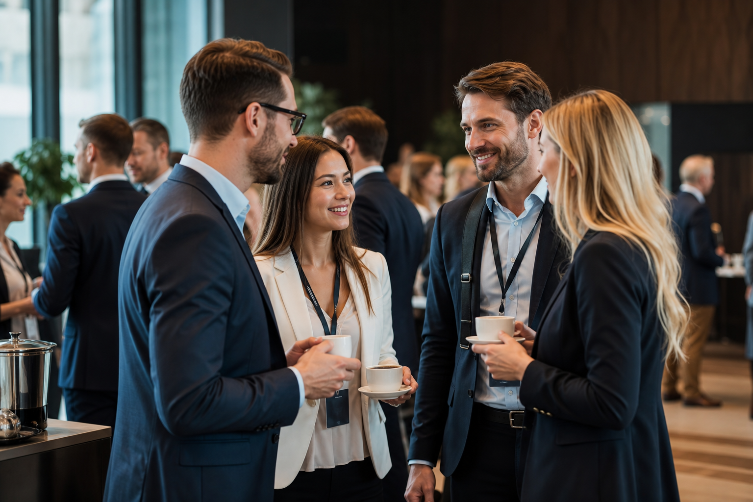 Networking podczas przerwy kawowej na eleganckiej konferencji biznesowej — Jak wybrać hotel konferencyjny na sympozjum i nie przepalić budżetu