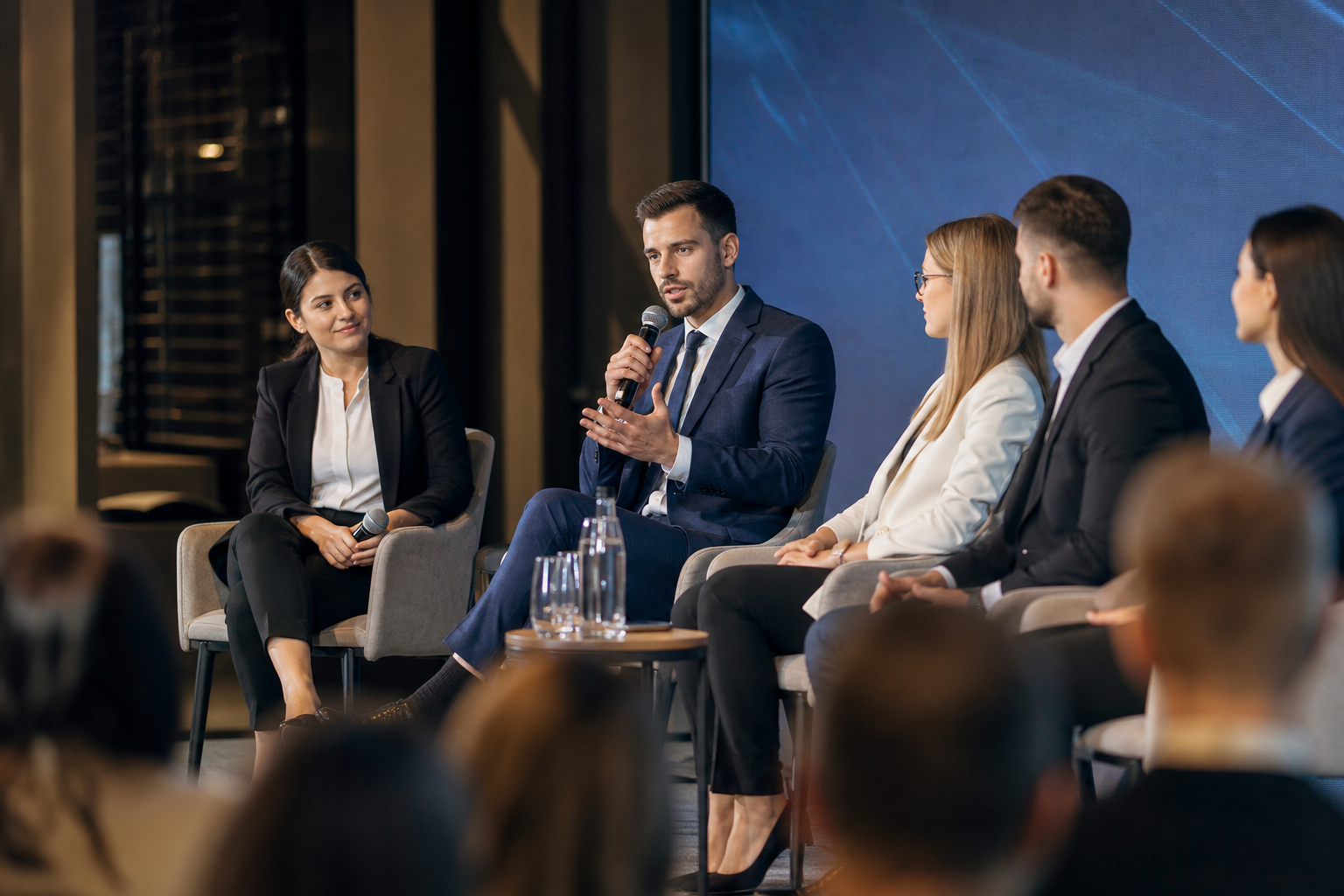 Profesjonalny panel dyskusyjny z eleganckimi ekspertami na scenie — Jak wybrać hotel konferencyjny na sympozjum i nie przepalić budżetu