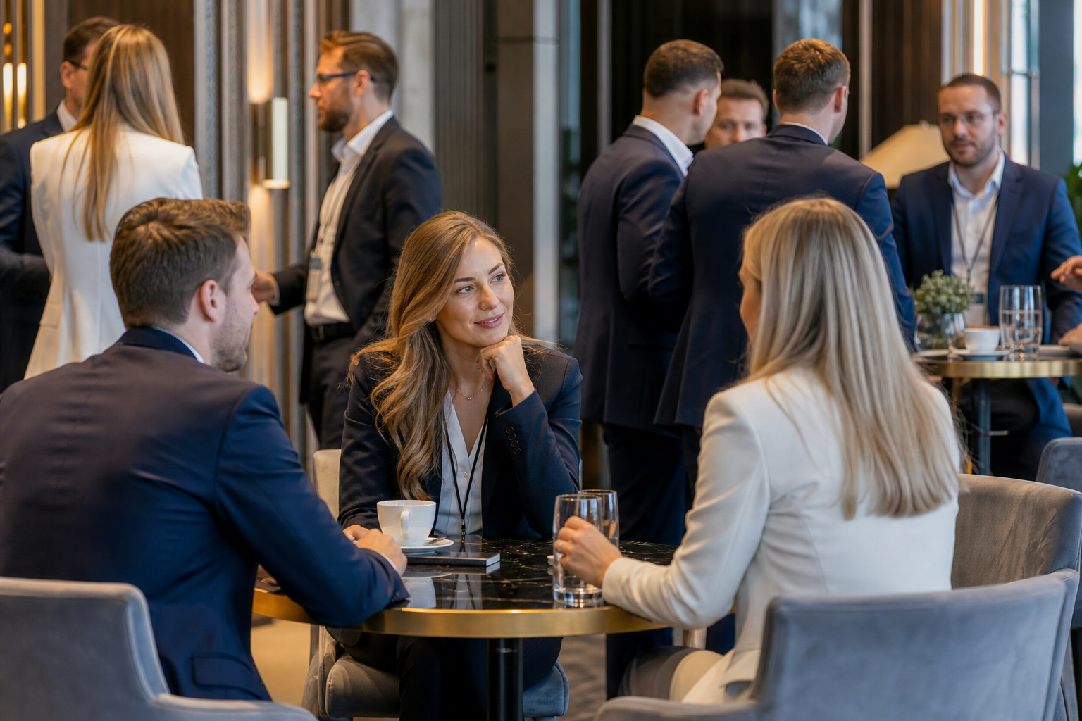 Eleganccy uczestnicy sympozjum rozmawiający przy stolikach — Jak dobrze zaplanować sympozjum branżowe od pierwszego pomysłu do rejestracji uczestników