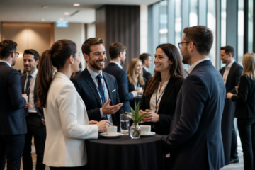 Eleganccy uczestnicy sympozjum rozmawiający przy stolikach — Jak wykorzystać technologię podczas konferencji: rejestracja, prezentacje, transmisja i ankiety
