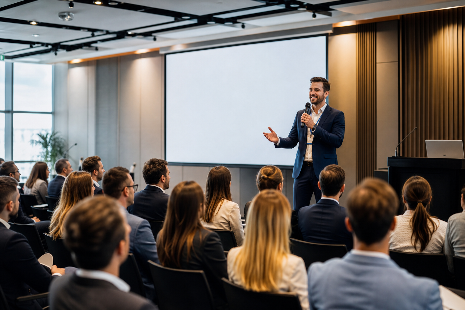 Przystojny prelegent prowadzący prezentację przed publicznością — Jak wykorzystać technologię podczas konferencji: rejestracja, prezentacje, transmisja i ankiety