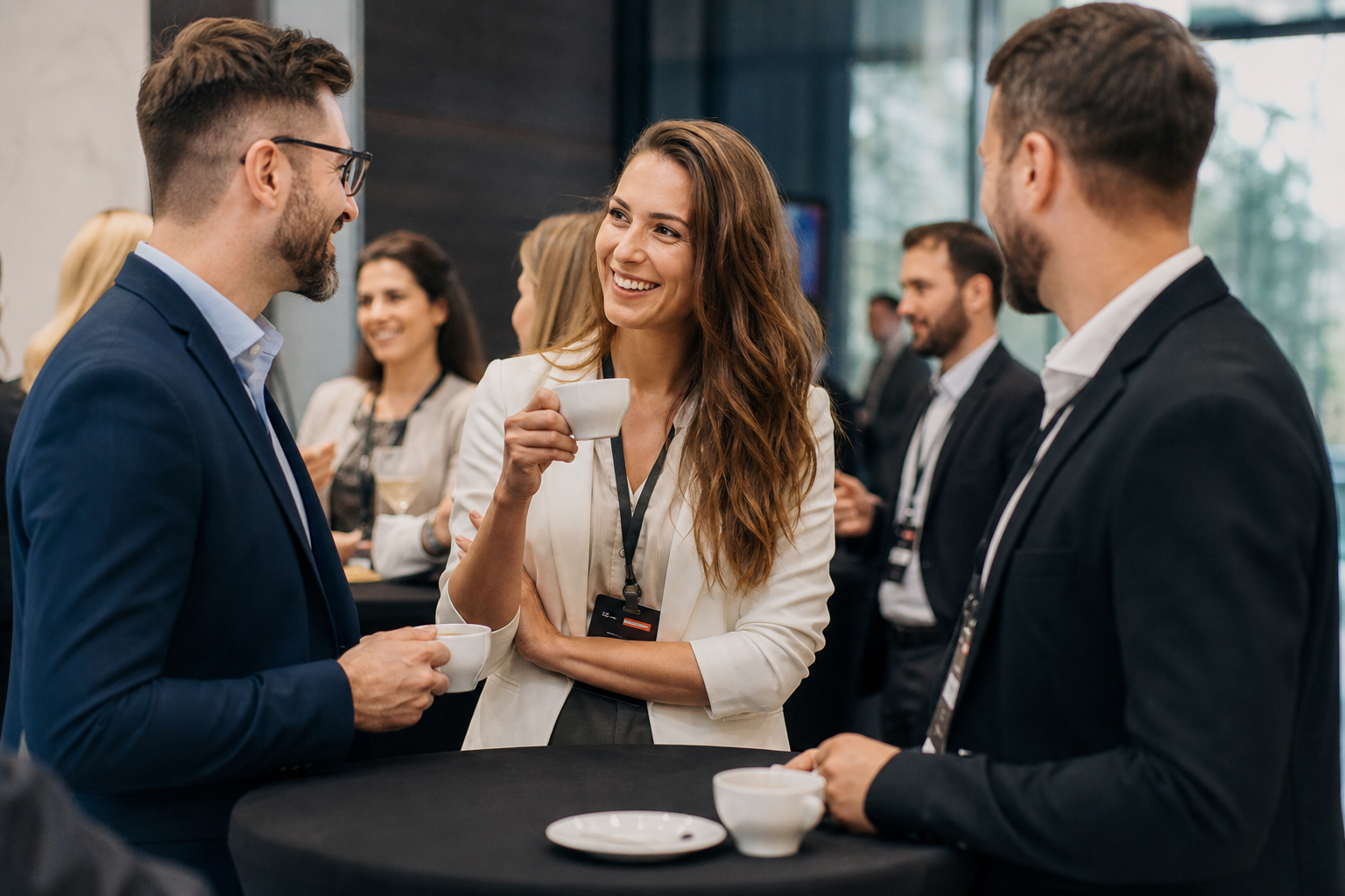 Networking podczas przerwy kawowej na eleganckiej konferencji biznesowej — Jak wykorzystać technologię podczas konferencji: rejestracja, prezentacje, transmisja i ankiety