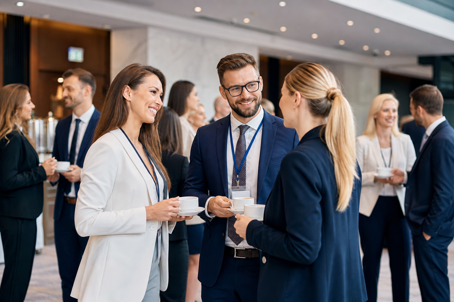Networking podczas przerwy kawowej na eleganckiej konferencji biznesowej — Jak zaplanować rejestrację uczestników na sympozjum, aby uniknąć chaosu w dniu wydarzenia