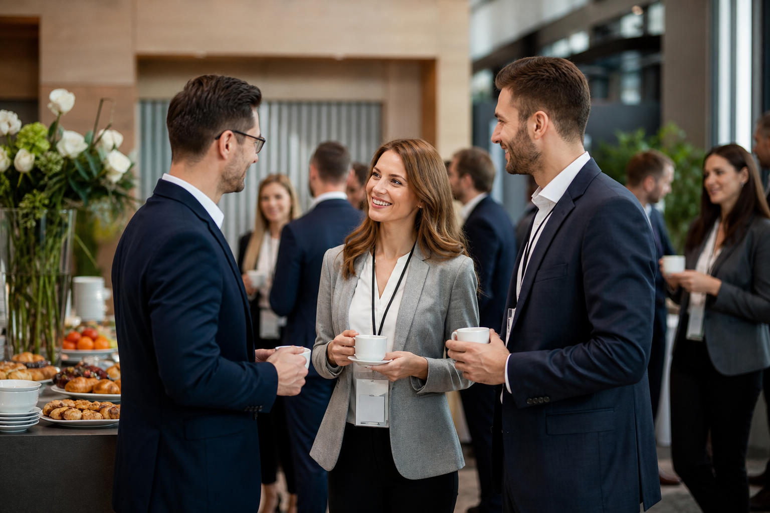 Networking podczas przerwy kawowej na eleganckiej konferencji biznesowej — Jak dobrać catering konferencyjny do charakteru wydarzenia i profilu uczestników